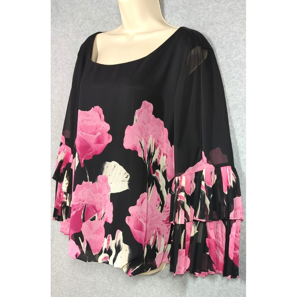 ALFANI Floral Blouse XL Roses are RED & PINK Bell Pleated Sleeves Head Turning - Picture 3 of 9